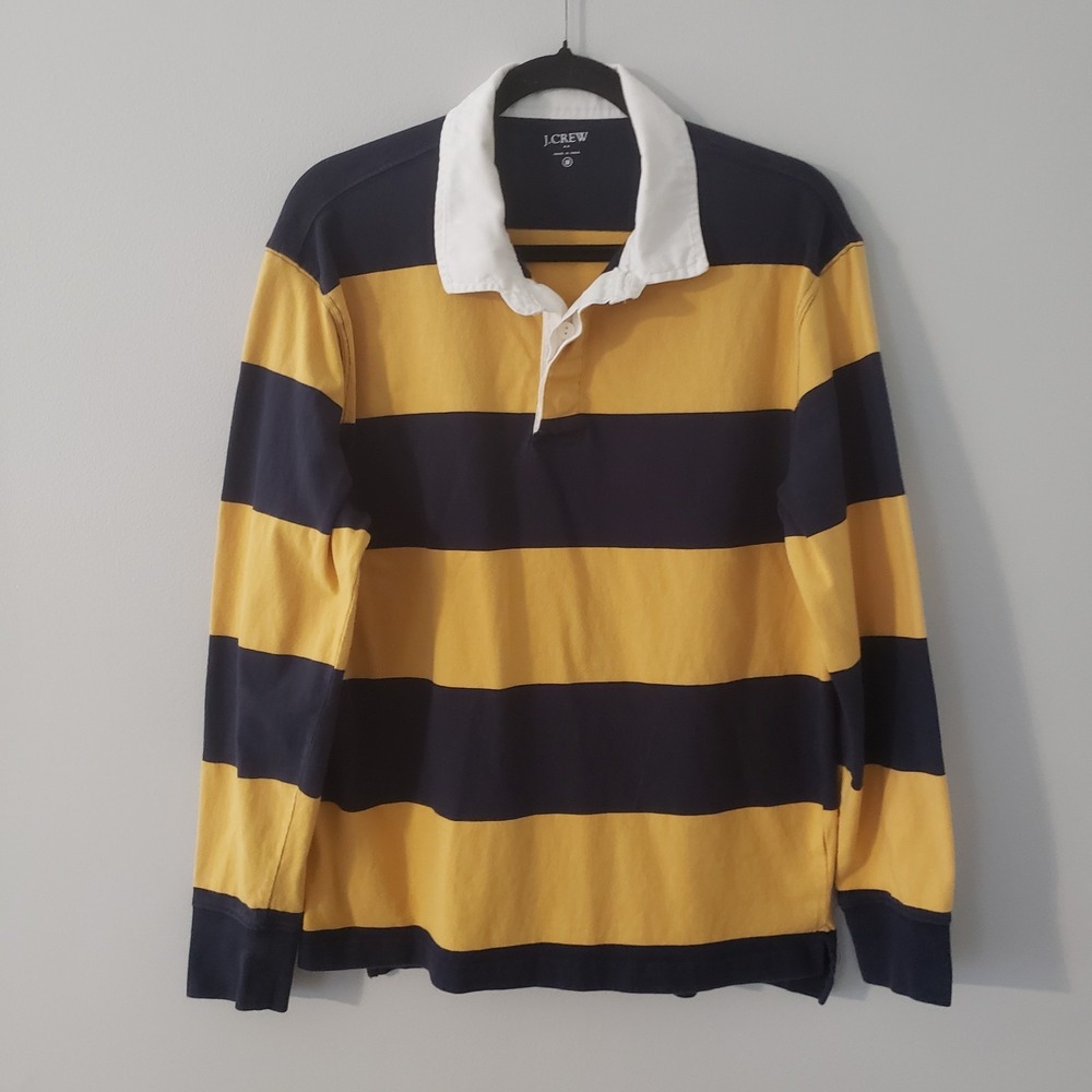 J Crew Mens Classic Long Sleeve Rugby Polo Shirt Medium Preppy Striped Blue Gold